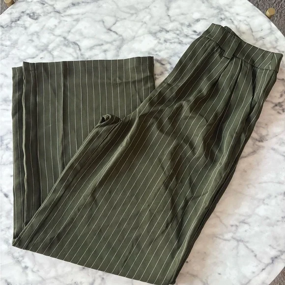 Missguided Olive Pinstripe Wide-Leg Pants - Picture 2 of 2